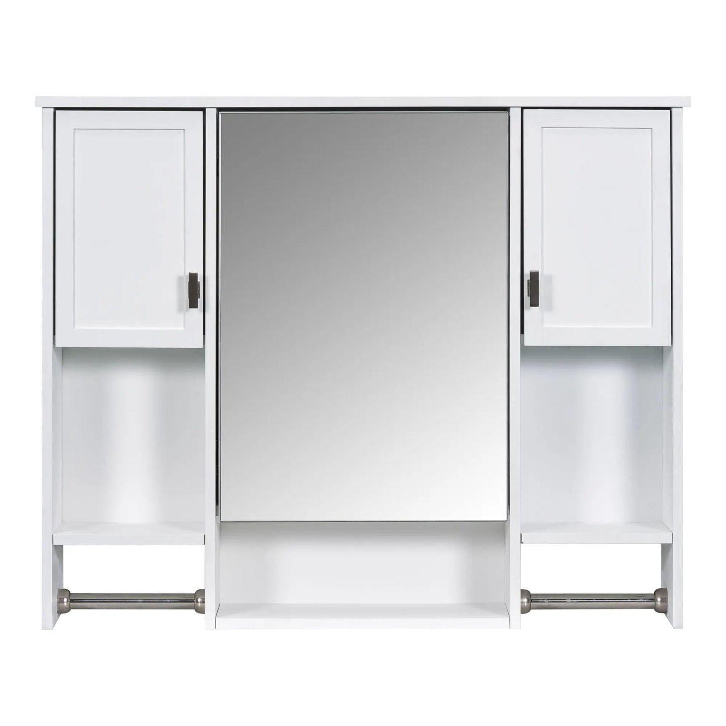 Medicine cabinet with mirror center and white framed side doors with towel bars on Tampa Home & Garden Store