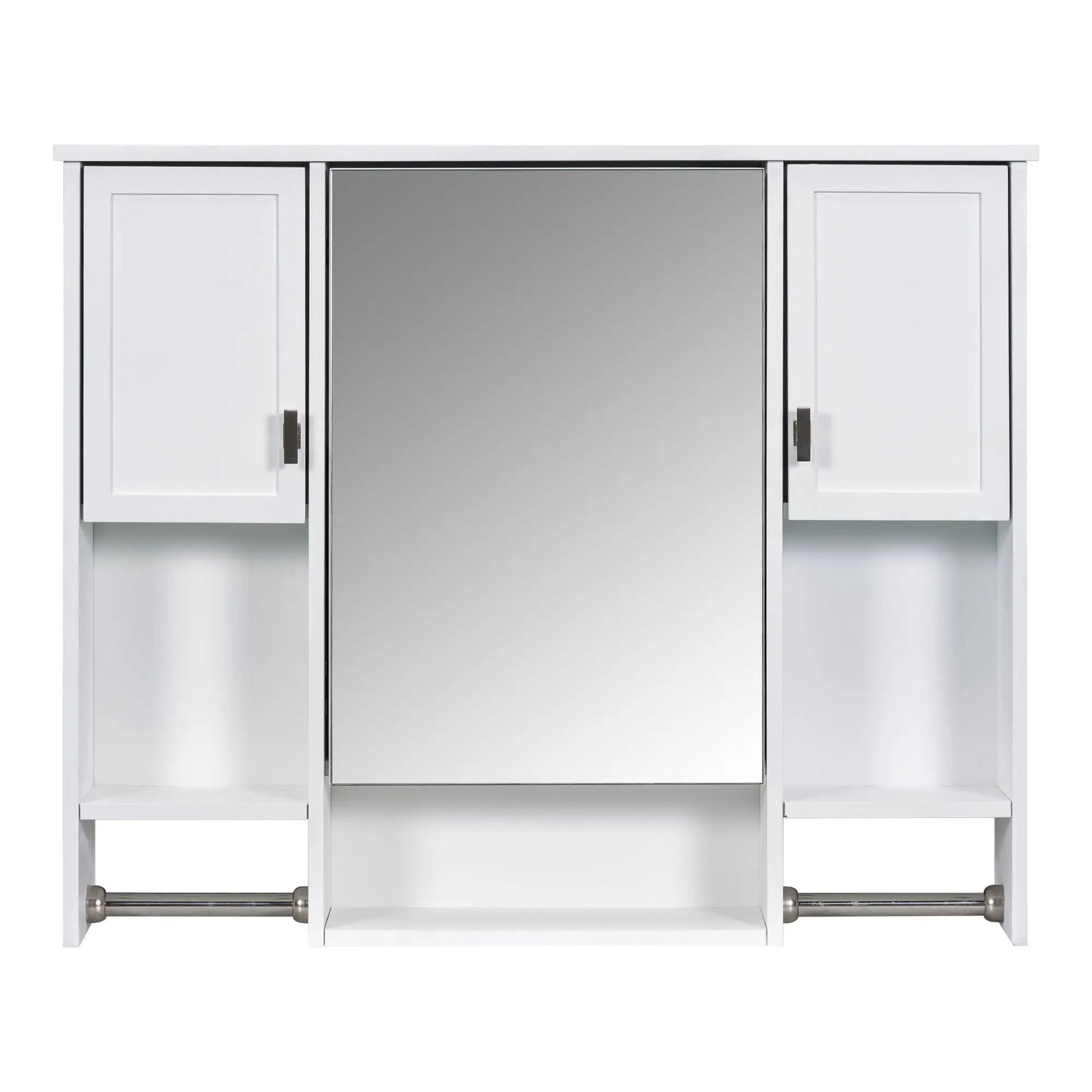 Medicine cabinet with mirror center and white framed side doors with towel bars on Tampa Home & Garden Store
