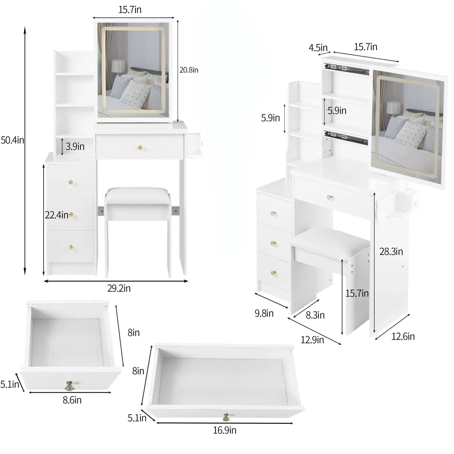 Cabinet vanity table with white cushioned stool, mirrored frame, USB power, hair dryer bracket on Tampa Home & Garden Store