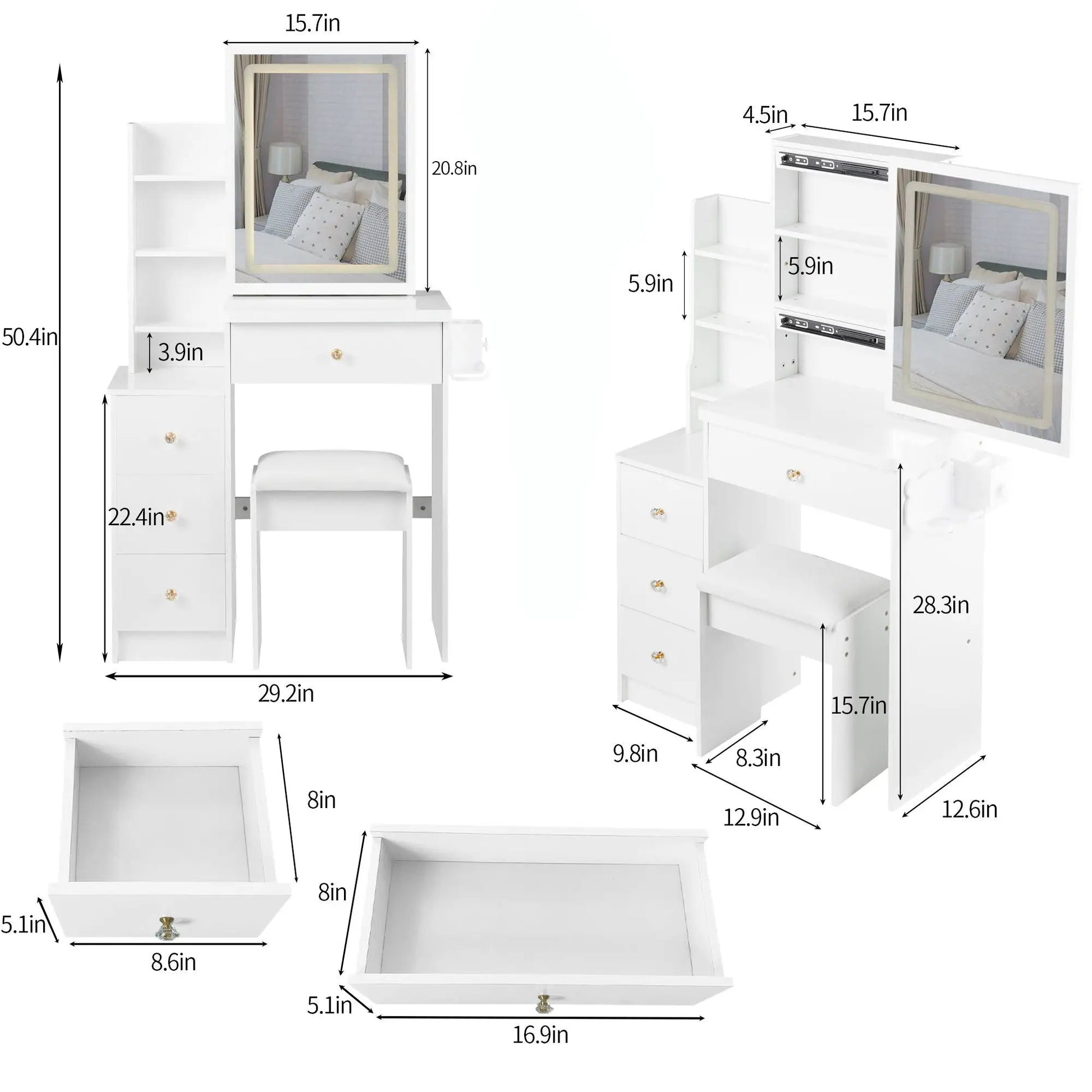 Cabinet vanity table with white cushioned stool, mirrored frame, USB power, hair dryer bracket on Tampa Home & Garden Store
