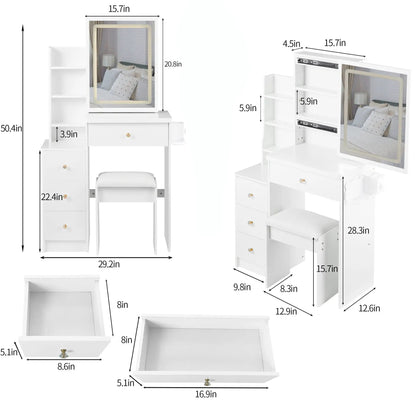 Cabinet vanity table with white cushioned stool, mirrored frame, USB power, hair dryer bracket on Tampa Home & Garden Store