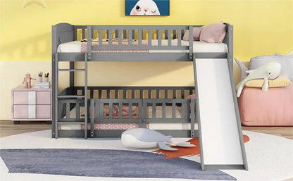 Low Bunk Bed With Slide Fence and Ladder