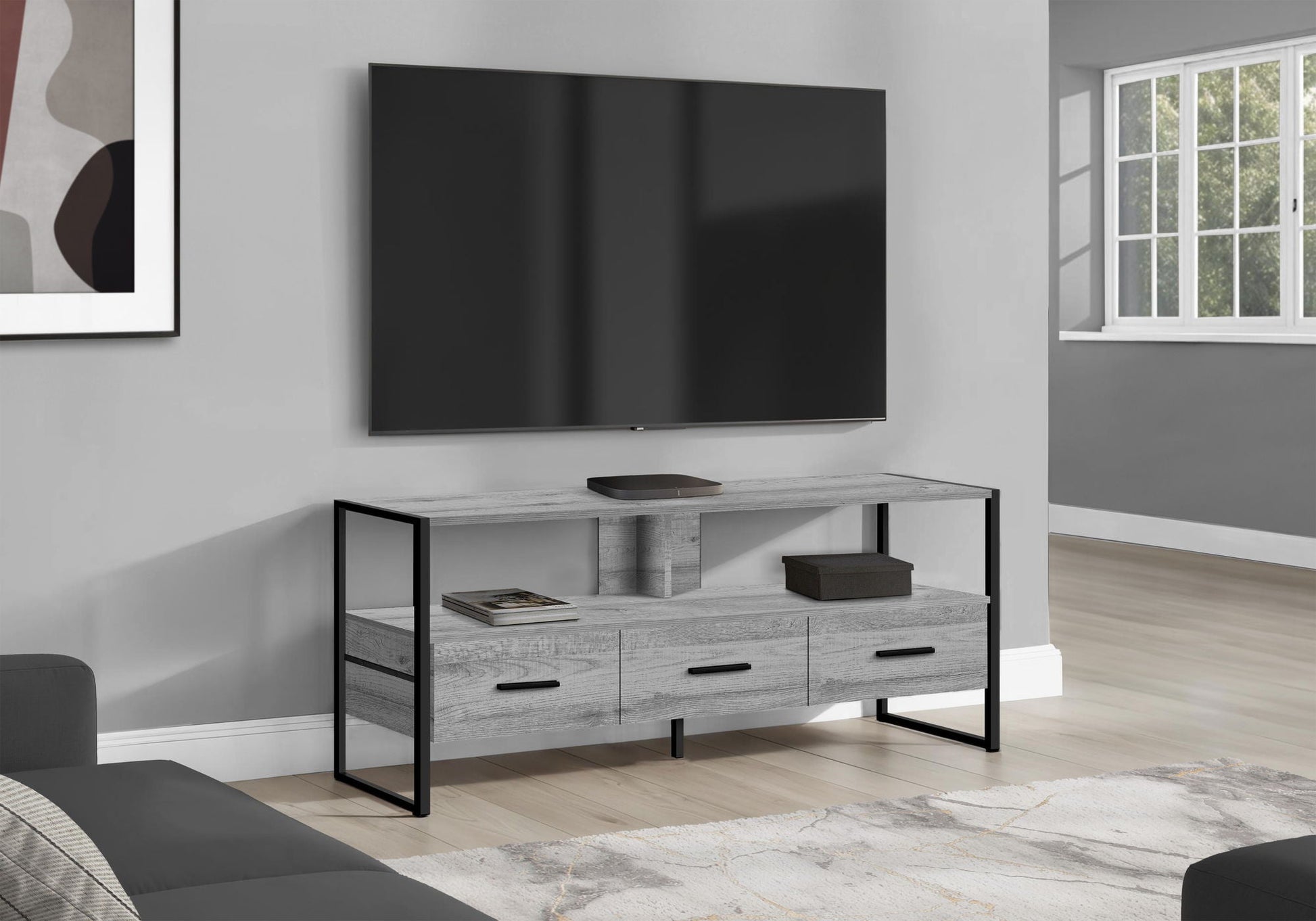 TV stand console by HouseOfZazla with storage drawers in gray wood and black metal on Tampa Home & Garden Store