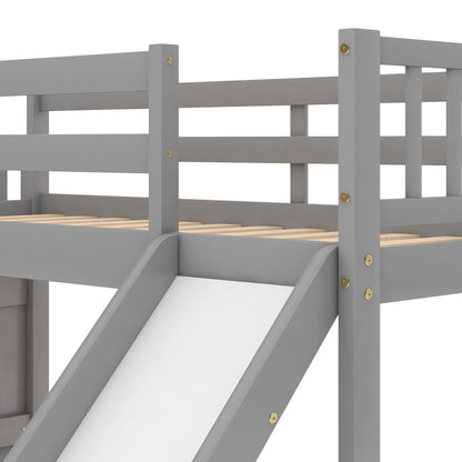 HouseOfZazla gray bunk bed with convertible slide and stairway, gold hardware and wooden slats on Tampa Home & Garden Store