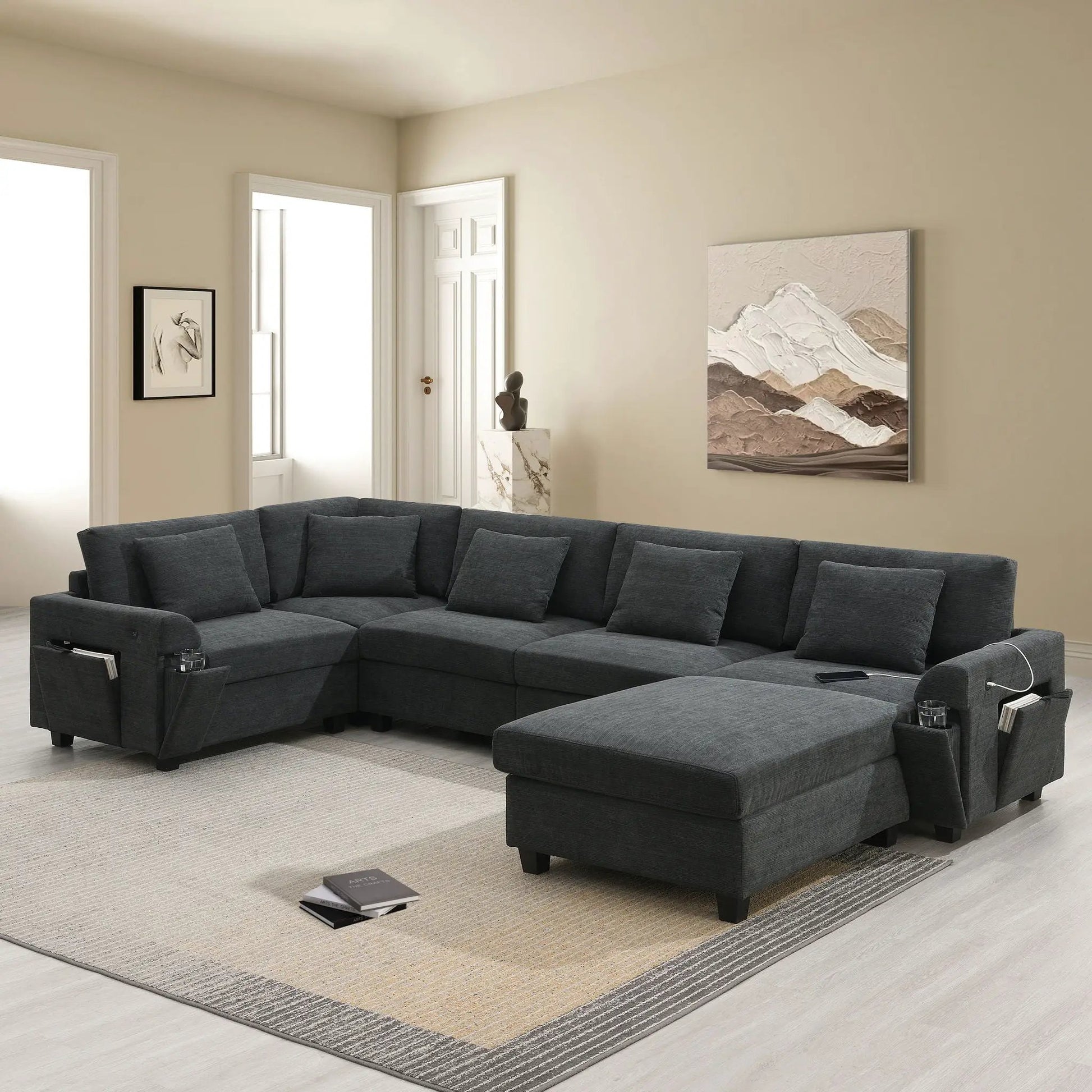 U-shaped sectional sofa 6-seat with oversized ottoman, dark gray fabric, built-in storage 2-piece set on Tampa Home & Garden Store