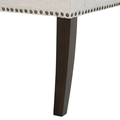 Welburn upholstered bench gray fabric with studded edge and dark wood leg on Tampa Home & Garden Store
