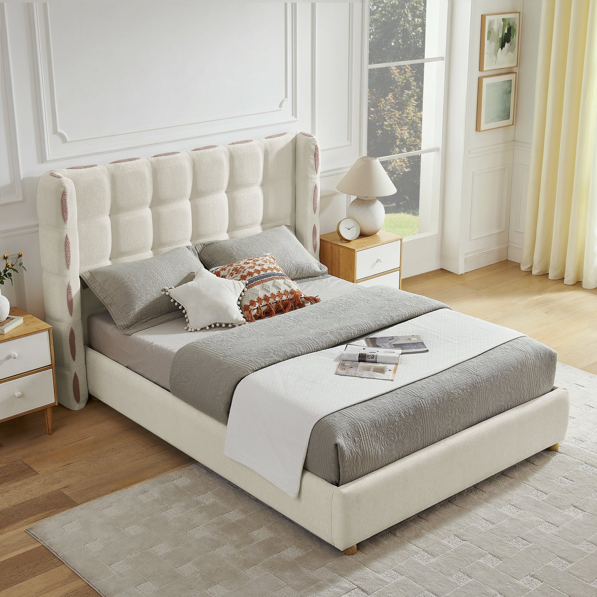 Queen size removable chenille wingback upholstered waffle bed by HouseOfZazla in cream on Tampa Home & Garden Store