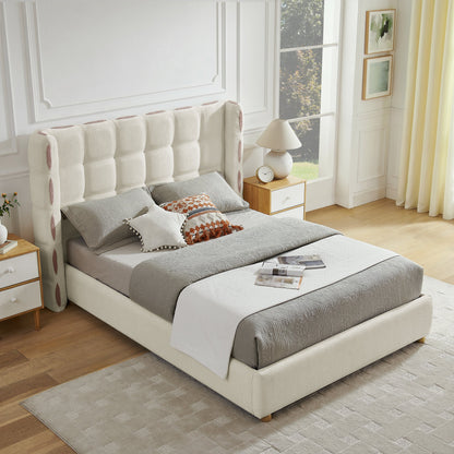 Queen size removable chenille wingback upholstered waffle bed by HouseOfZazla in cream on Tampa Home & Garden Store
