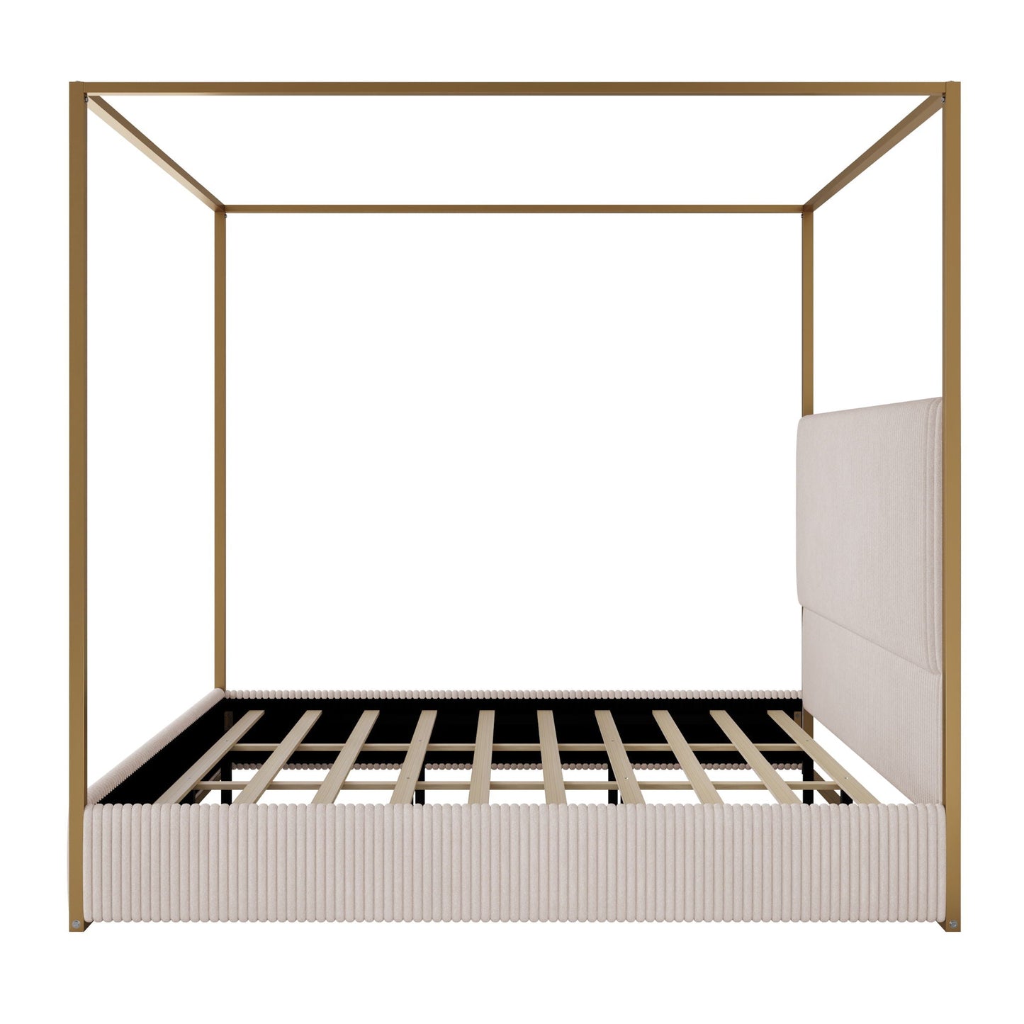 Luxury Canopy Bed with beige upholstered headboard and gold metal frame HouseOfZazla on Tampa Home & Garden Store