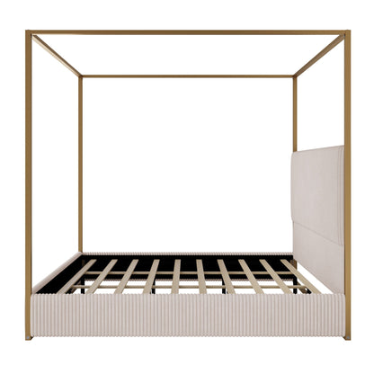 Luxury Canopy Bed with beige upholstered headboard and gold metal frame HouseOfZazla on Tampa Home & Garden Store