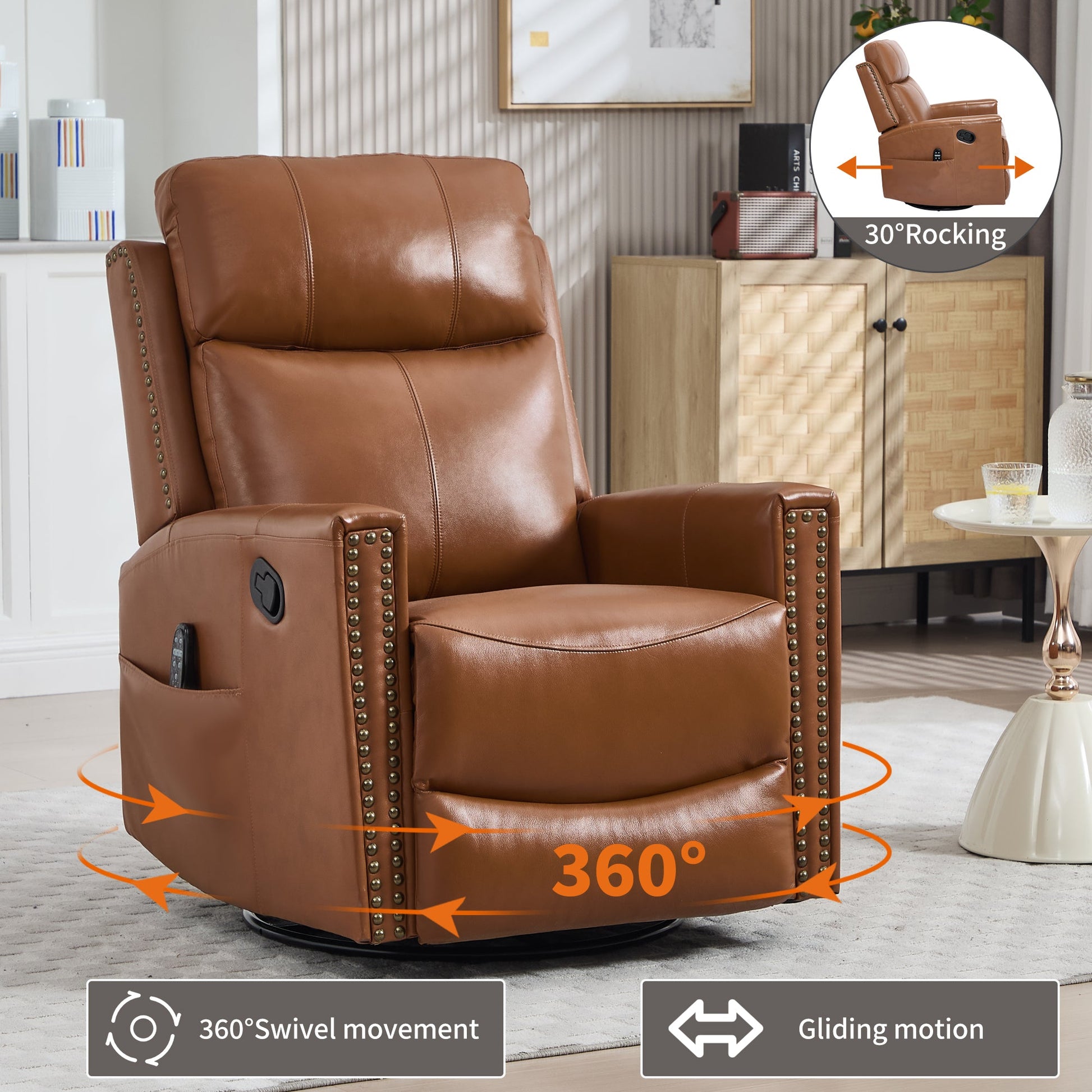 Deep swivel recliner massage chair in brown leather by HouseOfZazla with 360° movement on Tampa Home & Garden Store