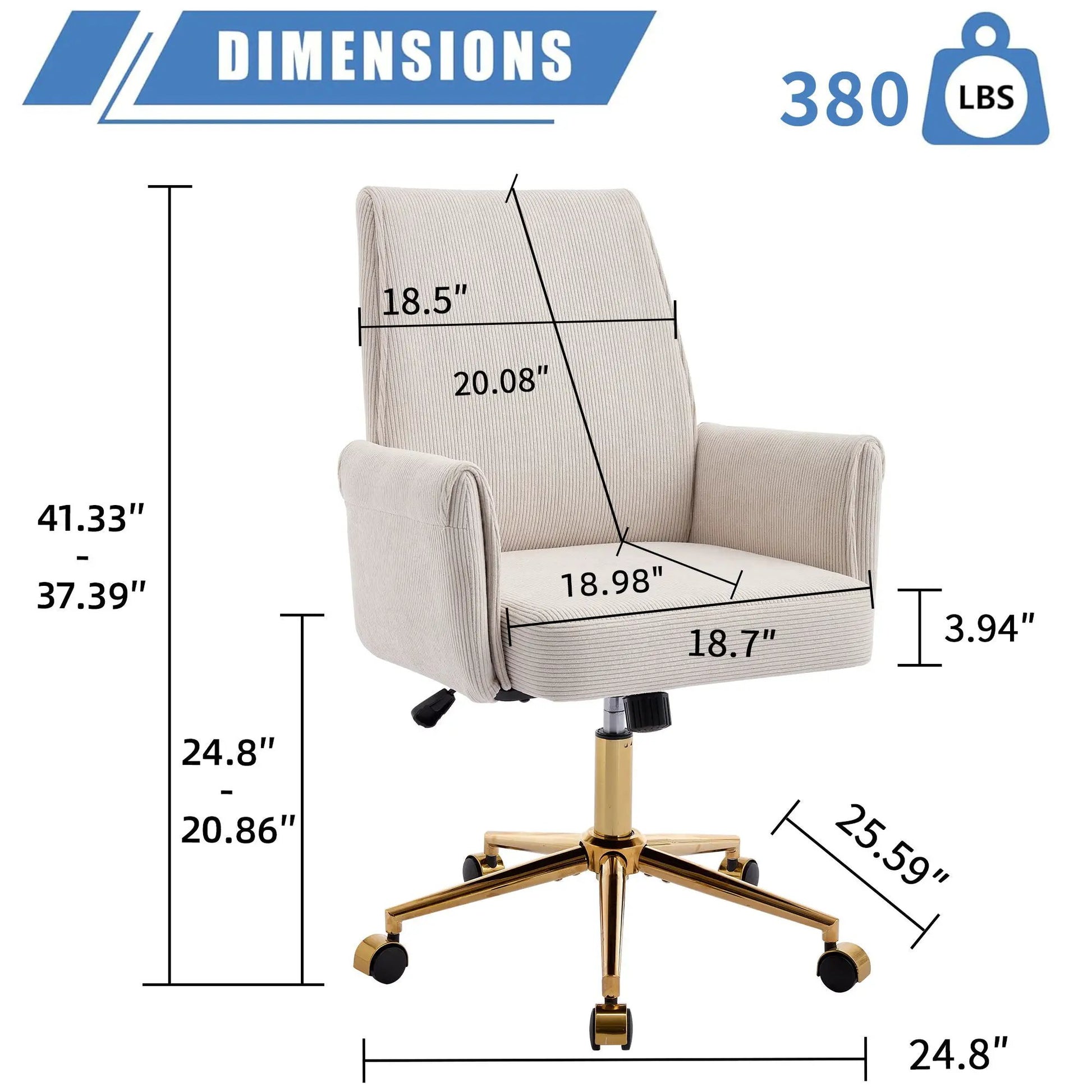 Ergonomic mid-back swivel office chair in beige striped fabric with cushioned arms and gold base on Tampa Home & Garden Store