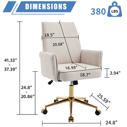 Ergonomic mid-back swivel office chair in beige striped fabric with cushioned arms and gold base on Tampa Home & Garden Store