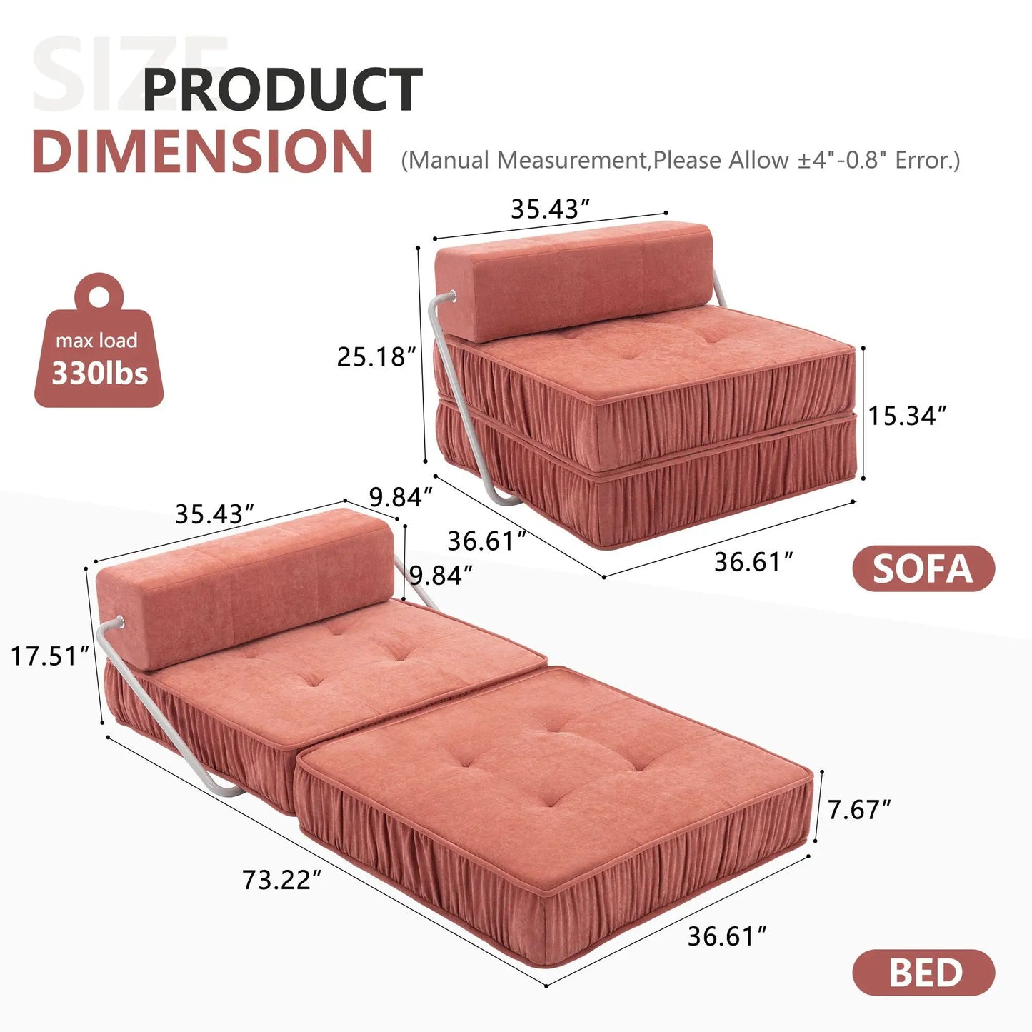 Folding futon chair with removable back cushion, convertible sleeper, coral fabric on Tampa Home & Garden Store