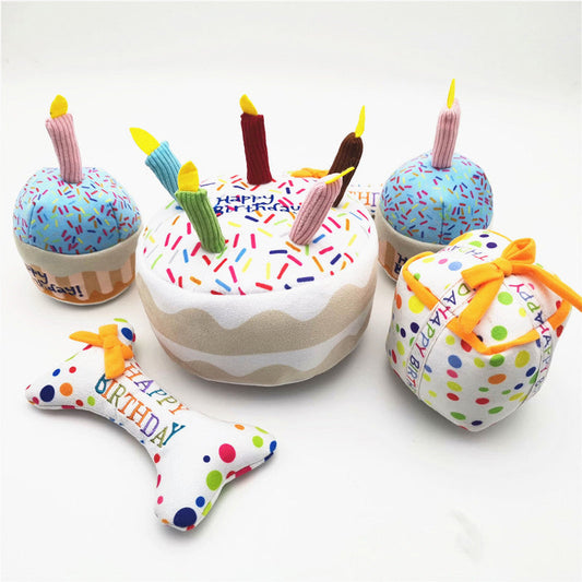 Cute dog birthday cake plush 5-piece set with white sprinkles cake and two blue cupcakes on Tampa Home & Garden Store
