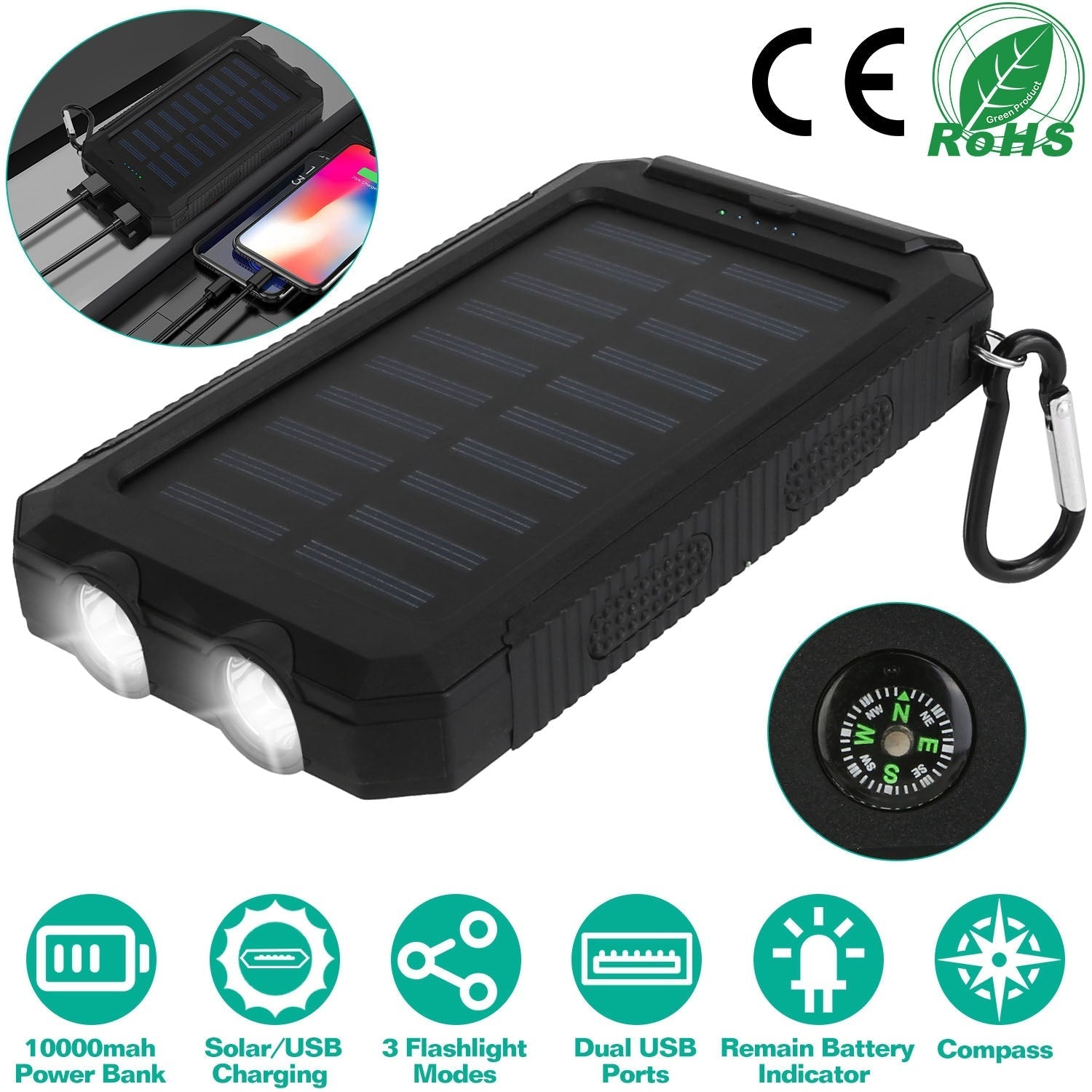 GemGear 10000mAh solar power bank with dual USB ports, rugged black case, compass on Tampa Home & Garden Store