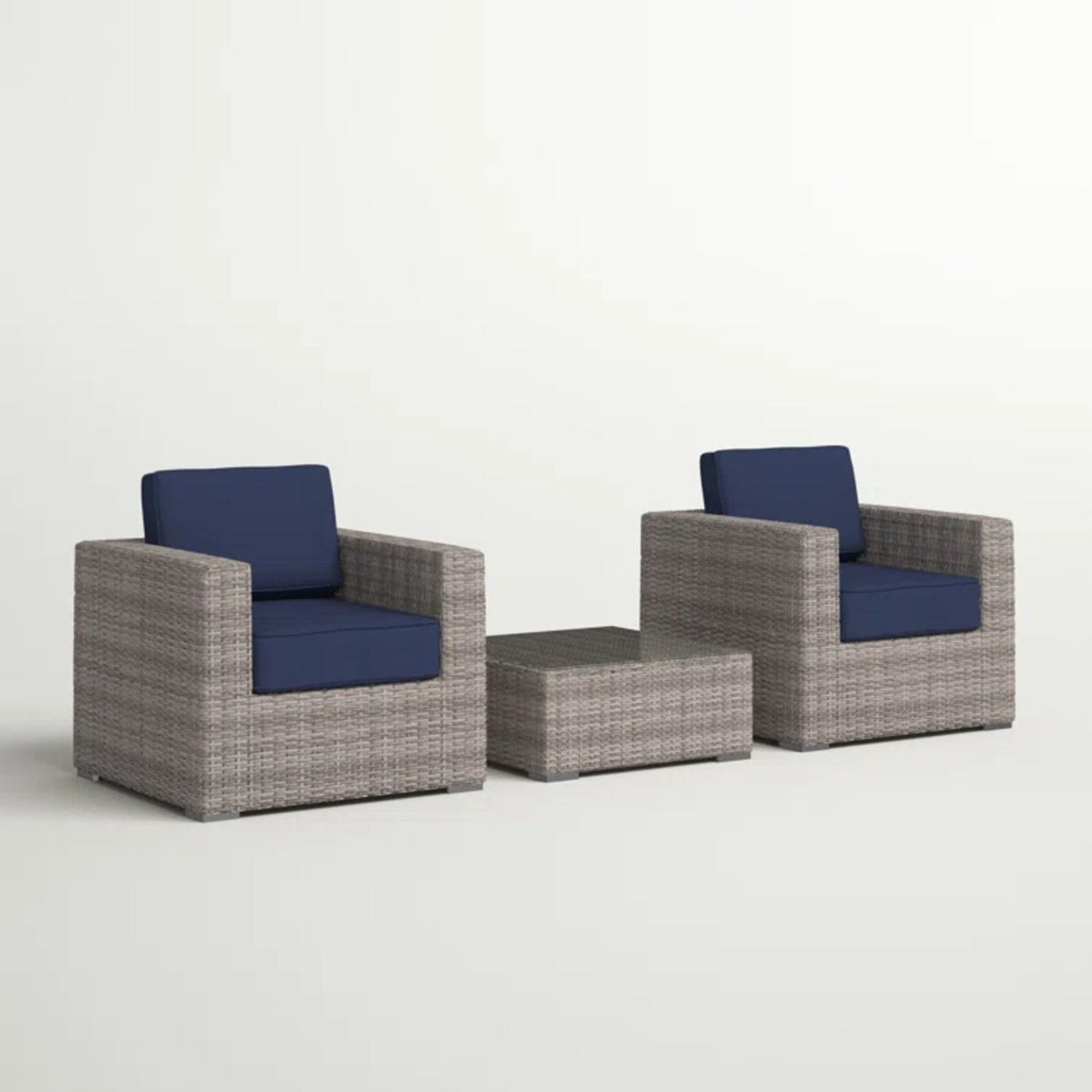 3 Piece Outdoor Seating Set Cushions navy blue on gray wicker includes 2 chairs and table on Tampa Home & Garden Store
