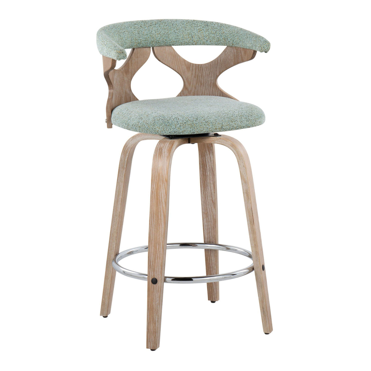 Midcentury modern fixed-height swivel counter stool with blue speckled fabric and wood legs on Tampa Home & Garden Store