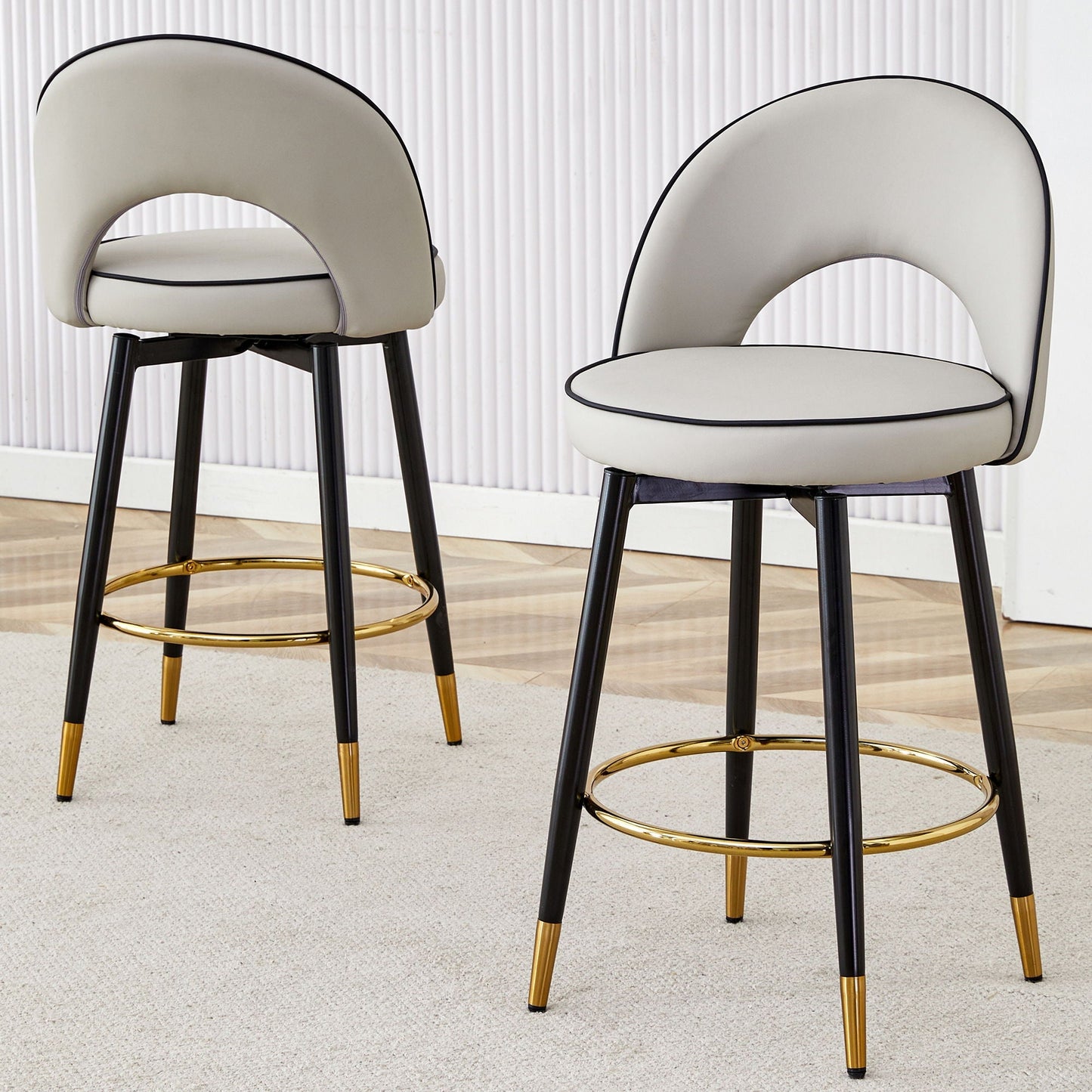 Modern upholstered bar stools set of 2 with curved back, light gray seats, black legs rotatable on Tampa Home & Garden Store