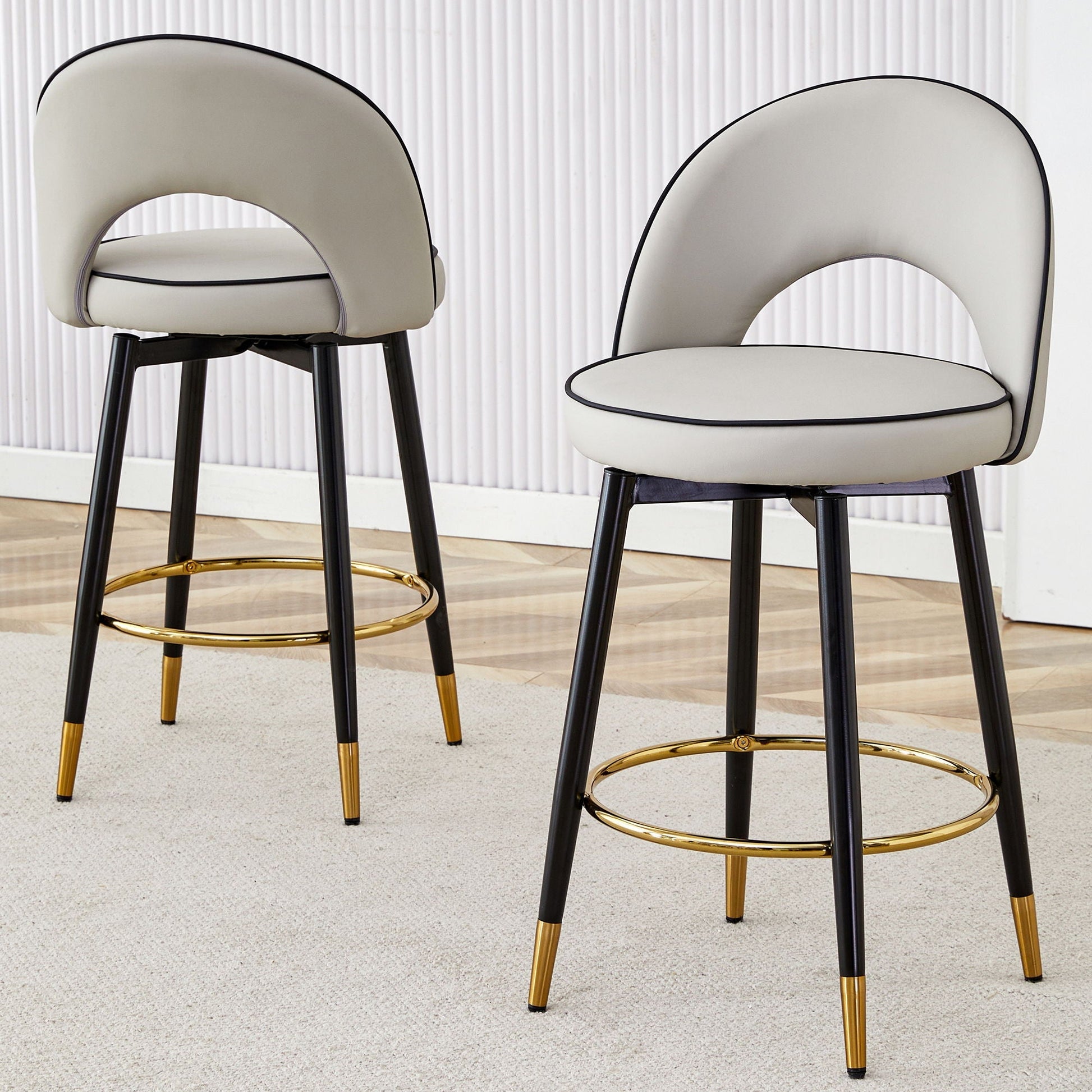 Modern upholstered bar stools set of 2 with curved back, light gray seats, black legs rotatable on Tampa Home & Garden Store