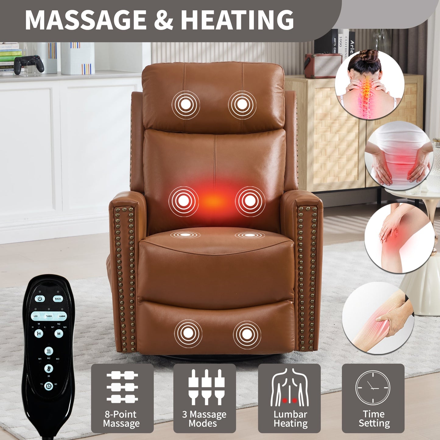 Deep Swivel Recliner & Massage Chair in brown leather by HouseOfZazla with massage nodes on Tampa Home & Garden Store