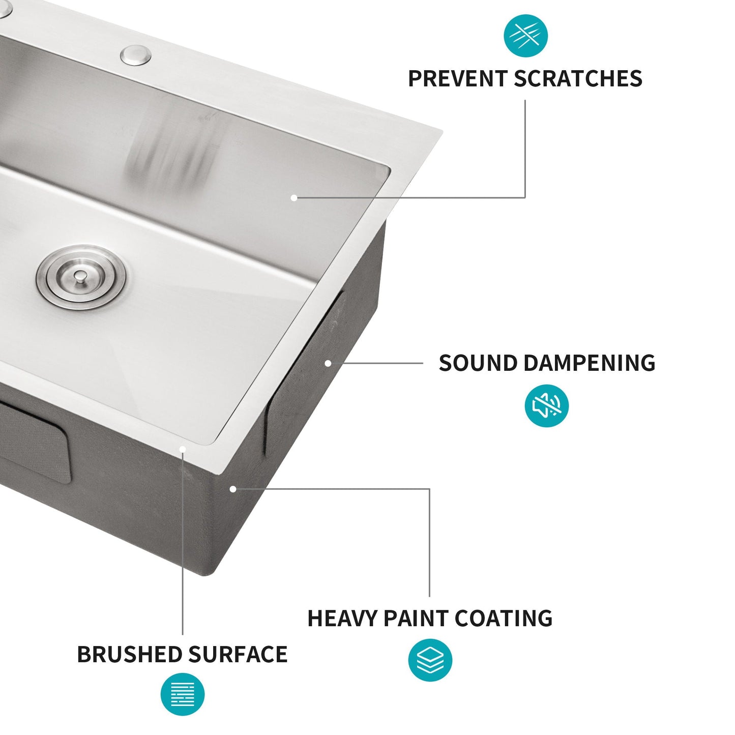 Drop-In Kitchen Sink 16-Gauge stainless steel single bowl topmount with brushed surface on Tampa Home & Garden Store
