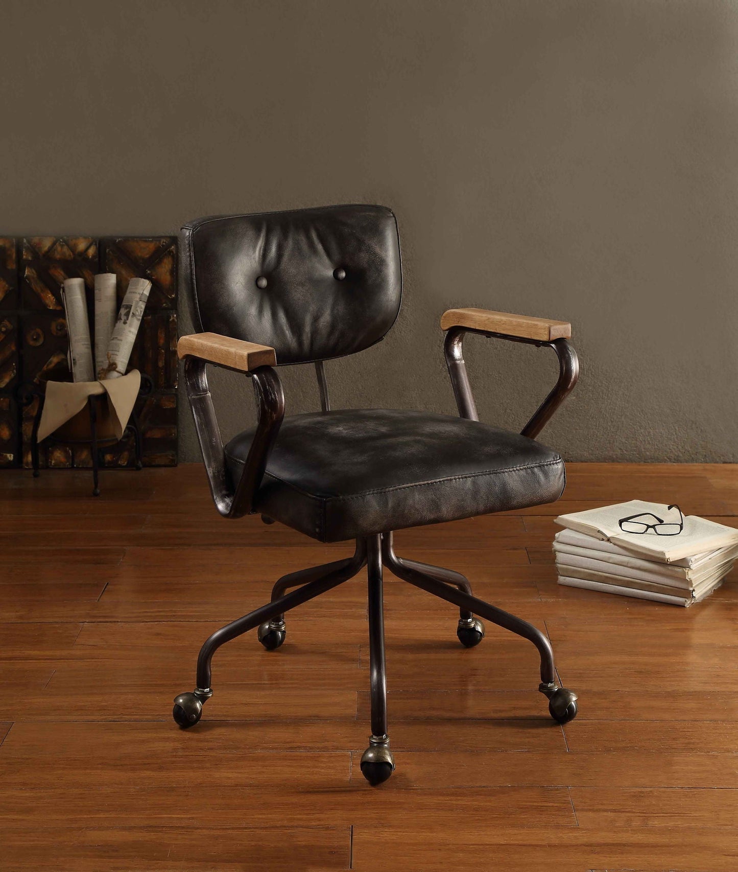 Hallie top grain leather office chair vintage black with wood armrests HouseOfZazla swivel chair on Tampa Home & Garden Store