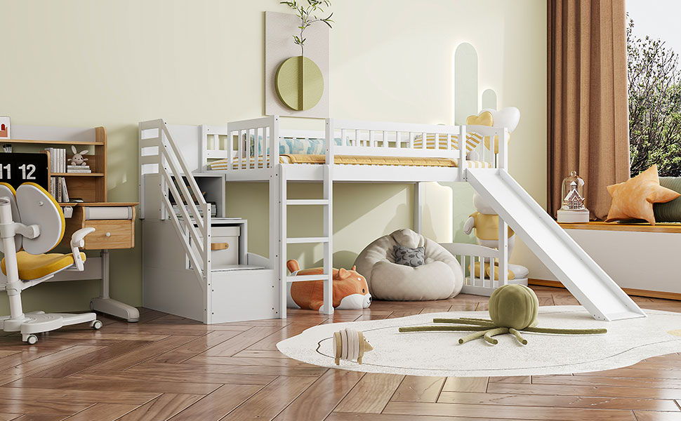Loft Stairway Bed with 2 Drawers, Convertible Ladder and Slide in white for kids room on Tampa Home & Garden Store