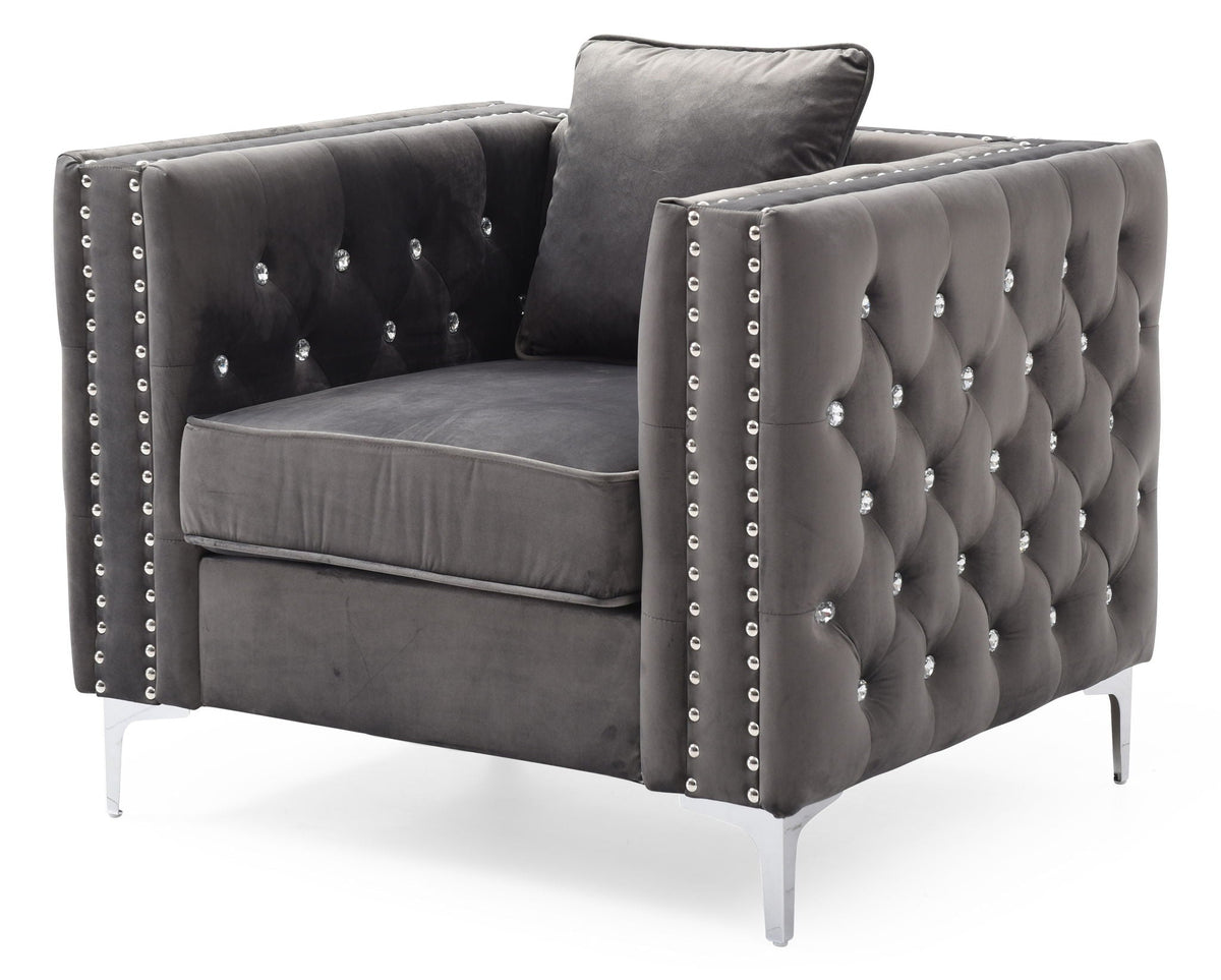 Tufted Arm Chair Paige by HouseOfZazla, gray velvet with diamond buttons and studded trim on Tampa Home & Garden Store