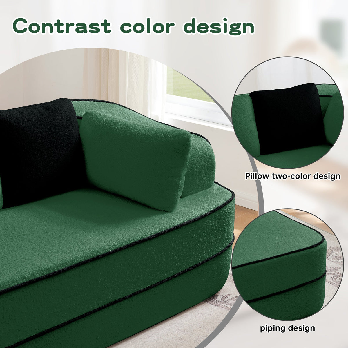 77.2-inch Teddy Fabric Modular Sofa by HouseOfZazla in green with black pillows and piping trim on Tampa Home & Garden Store
