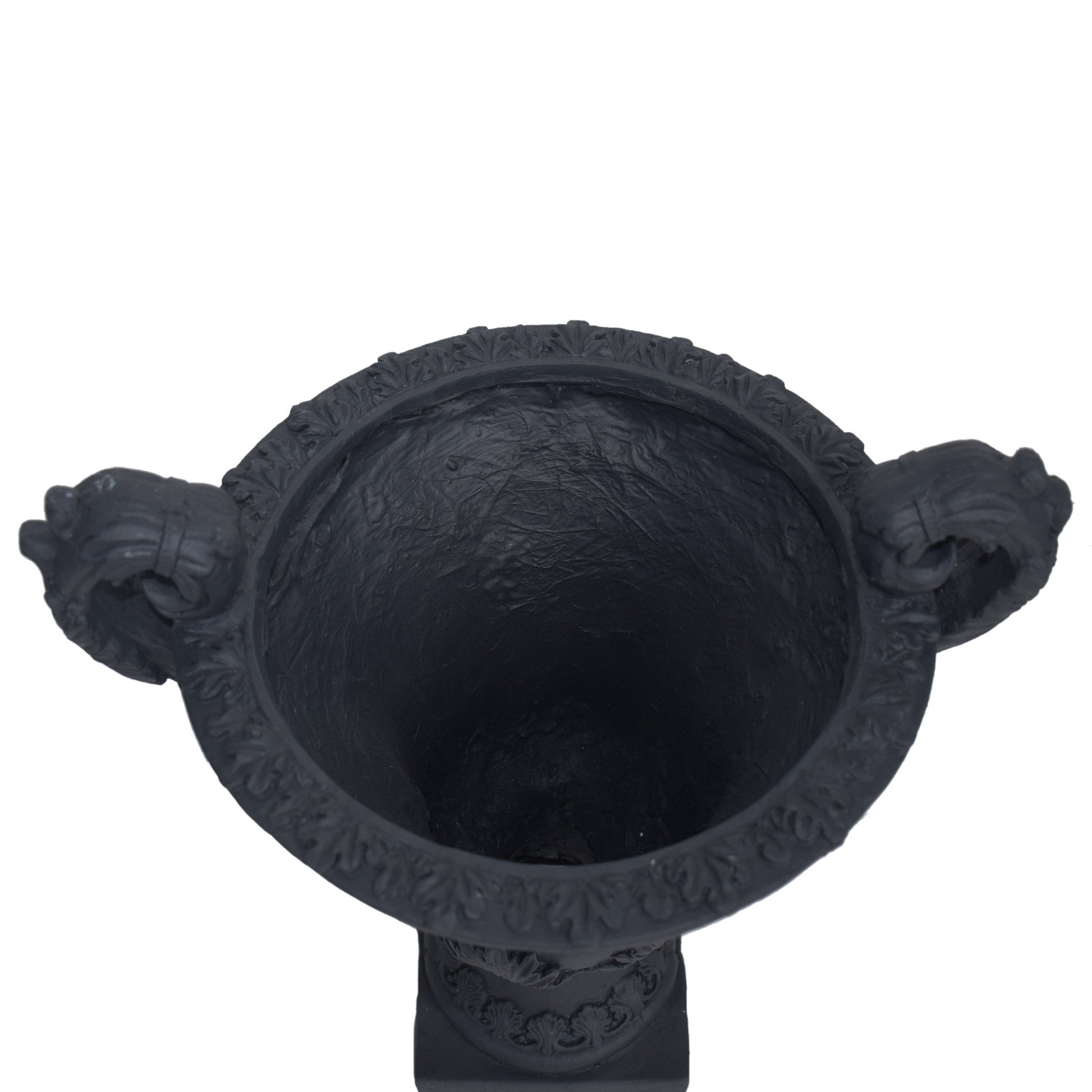 Delphine Urn Planter black with intricate leaf motif rim decorative garden planter on Tampa Home & Garden Store