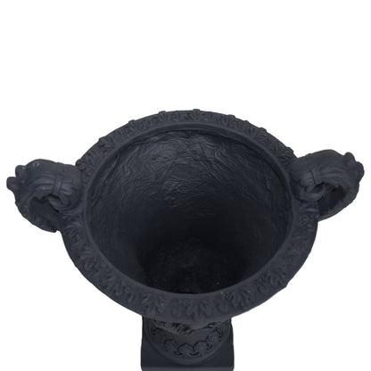 Delphine Urn Planter black with intricate leaf motif rim decorative garden planter on Tampa Home & Garden Store