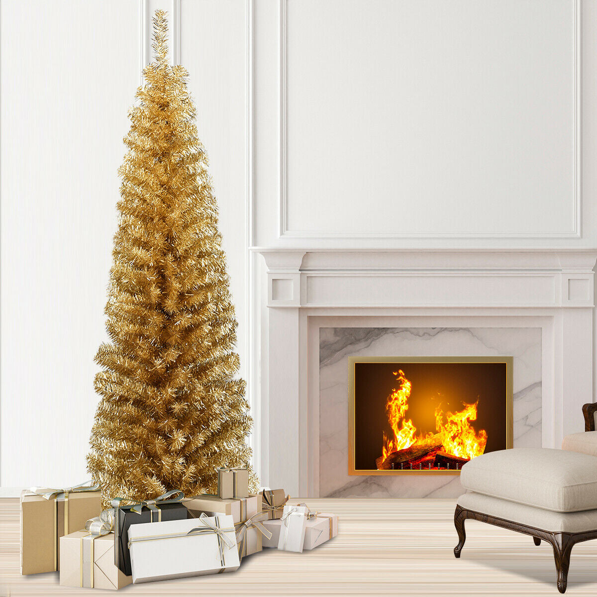 6 Feet Tinsel Tree DirectDeals gold unlit slim pencil artificial tree with gifts by a fireplace on Tampa Home & Garden Store