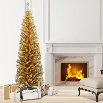 6 Feet Tinsel Tree DirectDeals gold unlit slim pencil artificial tree with gifts by a fireplace on Tampa Home & Garden Store