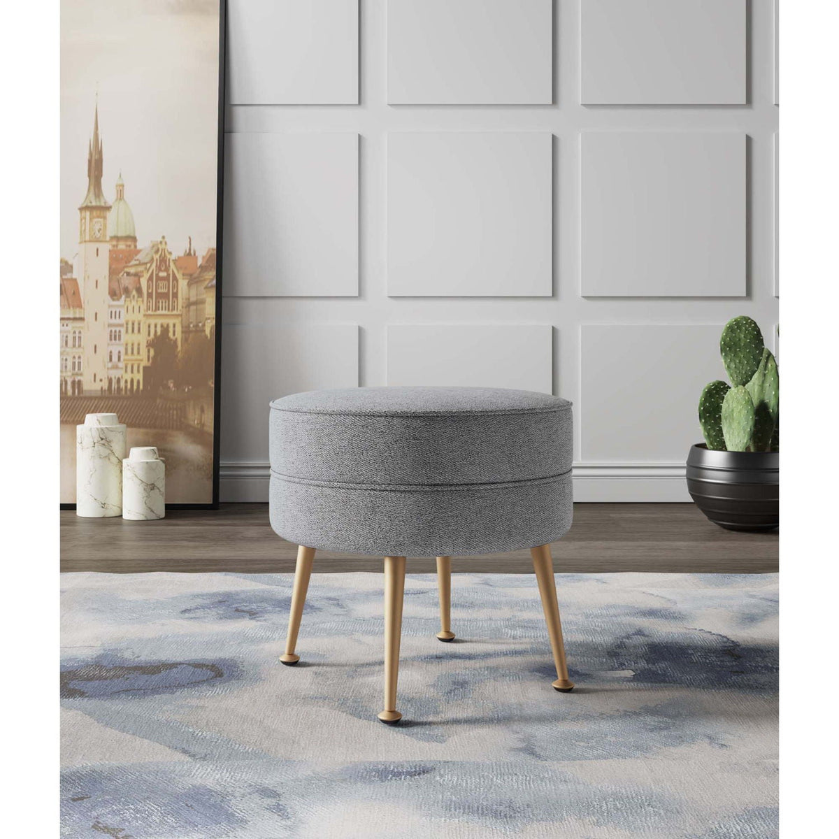 Bailey Upholstered Accent Ottoman by HouseOfZazla in light gray fabric with natural wood legs on Tampa Home & Garden Store