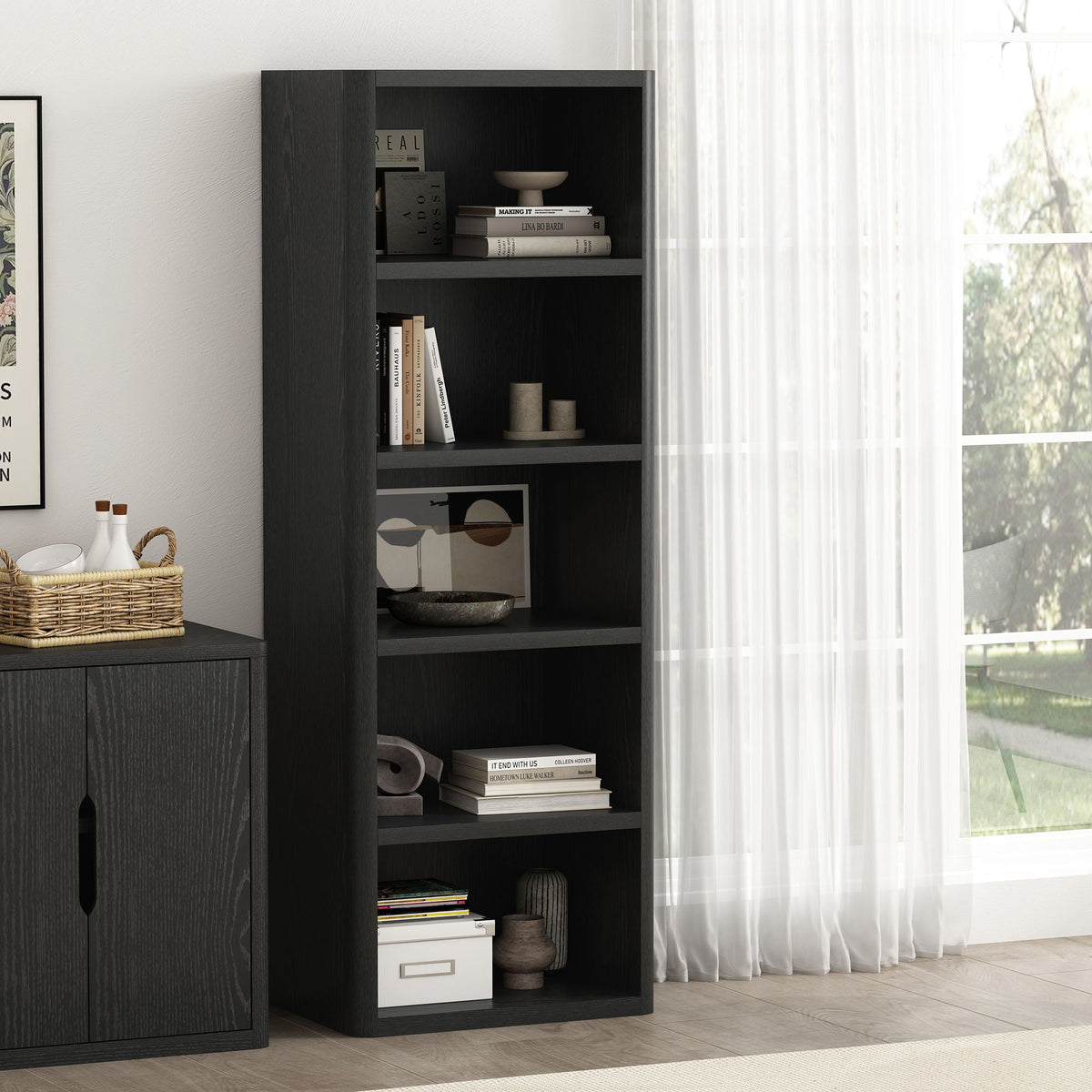 Open Bookcase with Adjustable Shelves, 79 in high, black wood finish with books and decor on Tampa Home & Garden Store
