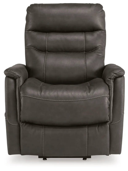 Strawbill Power Lift Recliner by Unique Piece Furniture in dark brown leather with padded arms on Tampa Home & Garden Store