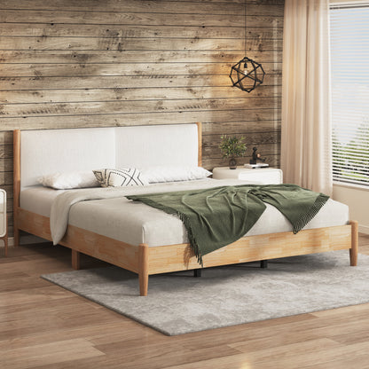 King Natural Wood Bed and Upholstered Headboard