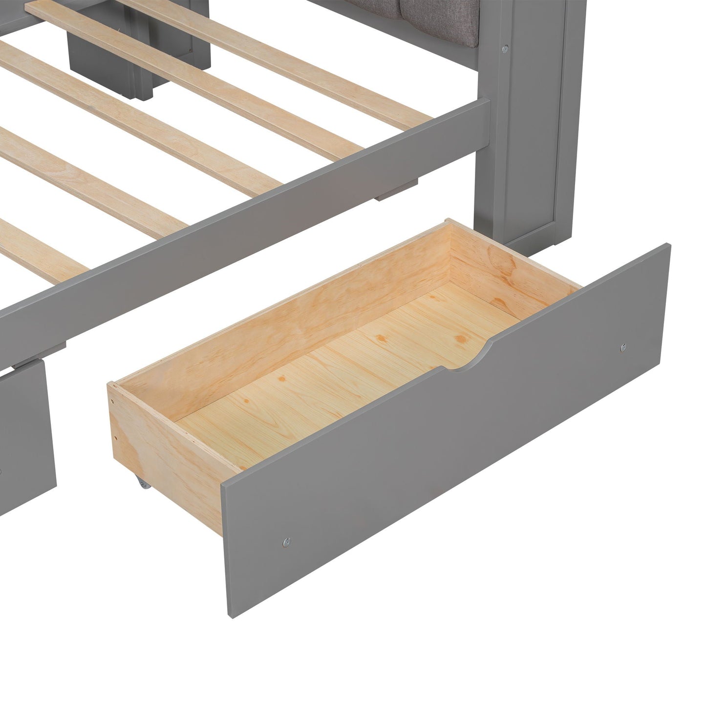 Platform bed frame in gray with light wood slats and a pull-out under-bed storage drawer on Tampa Home & Garden Store