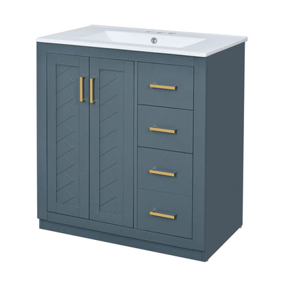 Bathroom vanity with sink in blue-gray with gold handles, 3 drawers and cabinet doors on Tampa Home & Garden Store