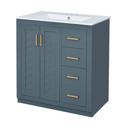 Bathroom vanity with sink, blue-gray cabinet, white countertop, 3 drawers, soft-close doors on Tampa Home & Garden Store