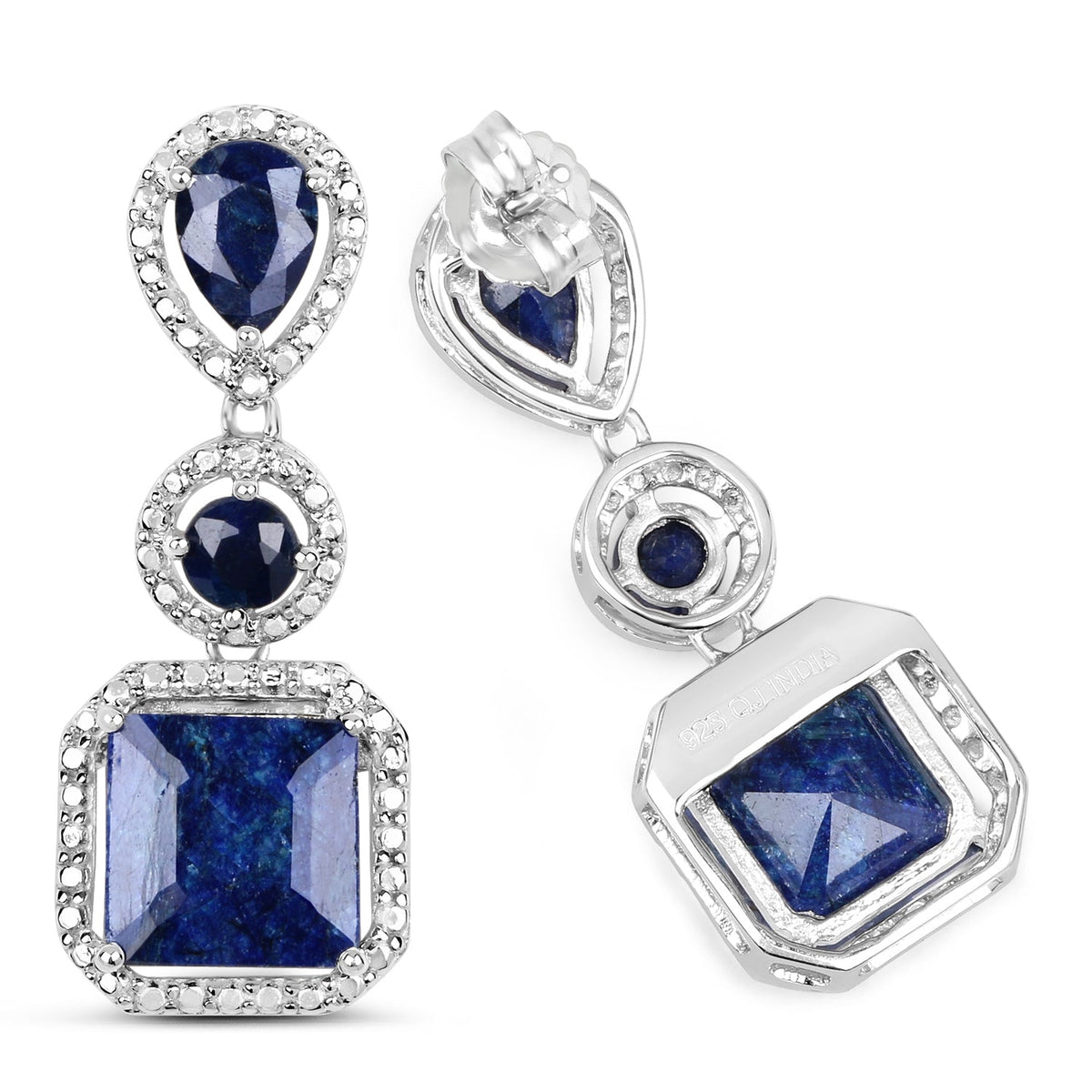 Pair of Bids.com earrings, 11.62ct dyed sapphire, .925 sterling silver drop with pave halos on Tampa Home & Garden Store