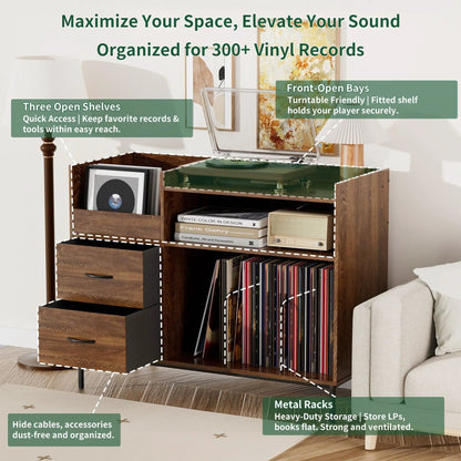 Vinyl record stand with flip-top storage, wood sideboard, dual outlets by Unique Piece Furniture on Tampa Home & Garden Store