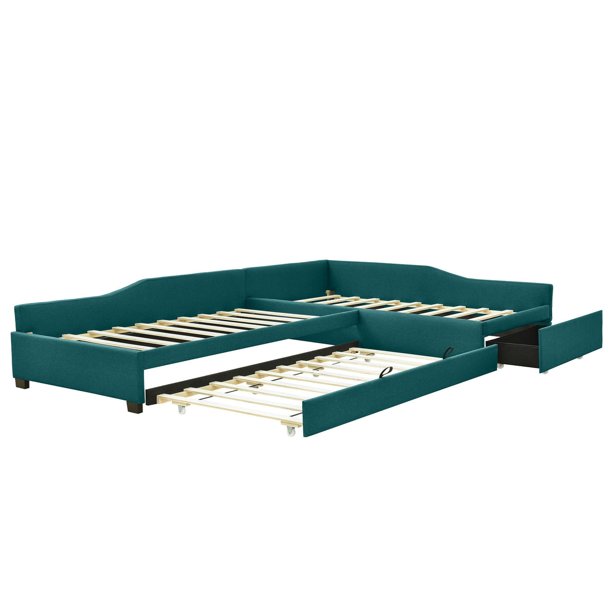 Upholstered teal double daybed with pull-out trundle and side drawer on Tampa Home & Garden Store