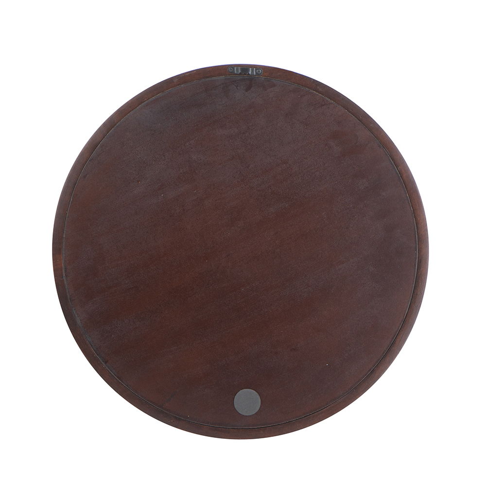 Round wooden wall mirror with dark brown finish; back shows top mount and bottom fastener on Tampa Home & Garden Store
