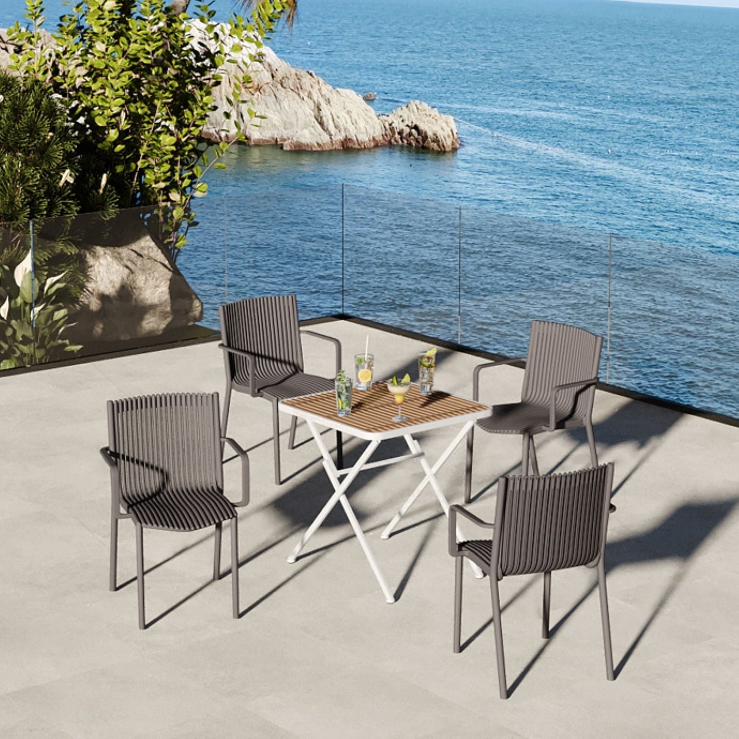 HouseOfZazla 5 Piece Outdoor Set: 4 gray stackable plastic armchairs with folding square table on Tampa Home & Garden Store