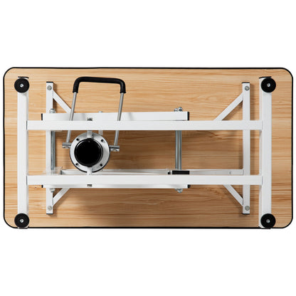 Hydraulic Pet Grooming Table with wood top and white metal frame, underside view on Tampa Home & Garden Store
