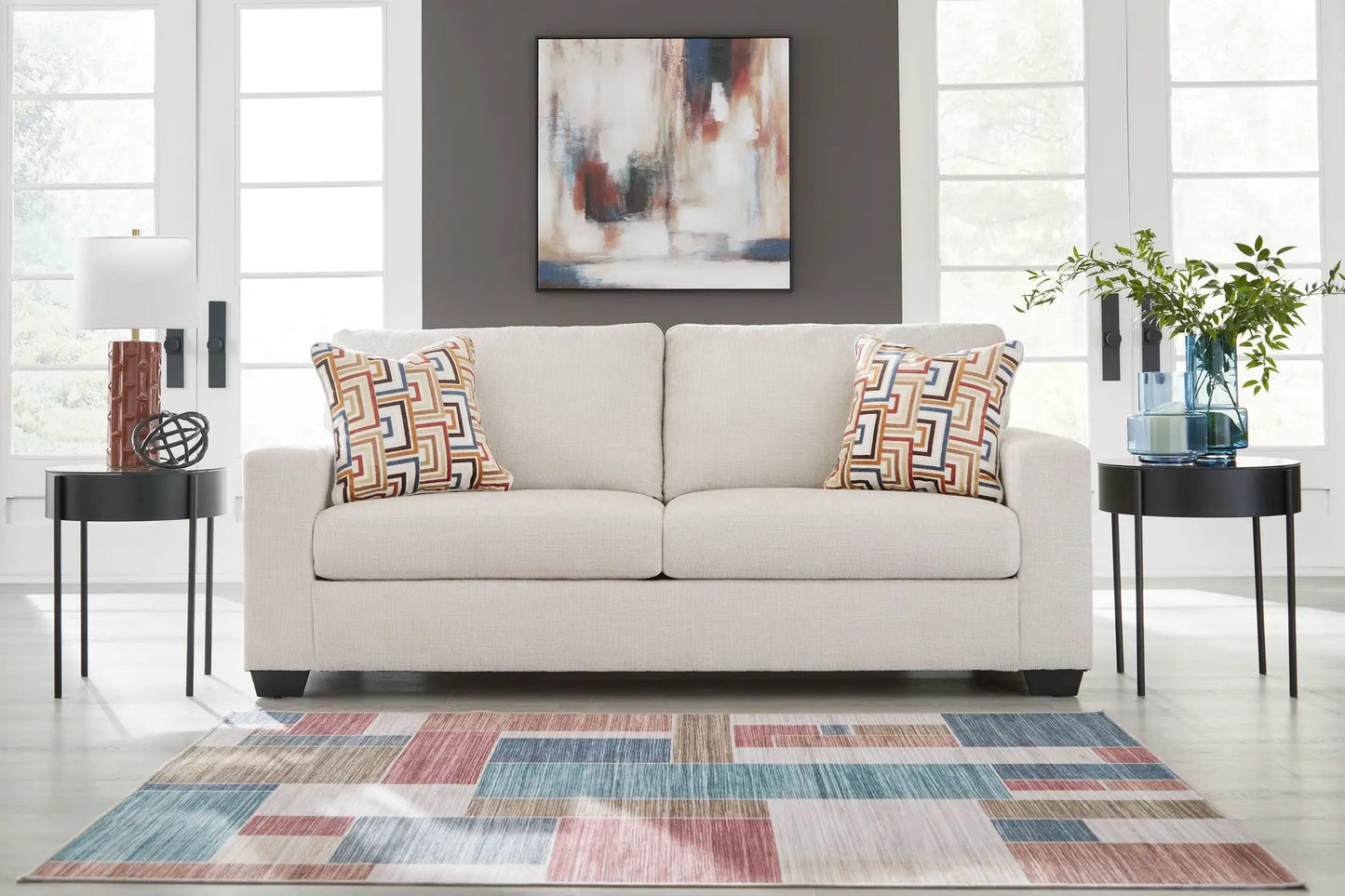 Aviemore Sofa beige fabric with geometric cushions, modern living room setup on Tampa Home & Garden Store