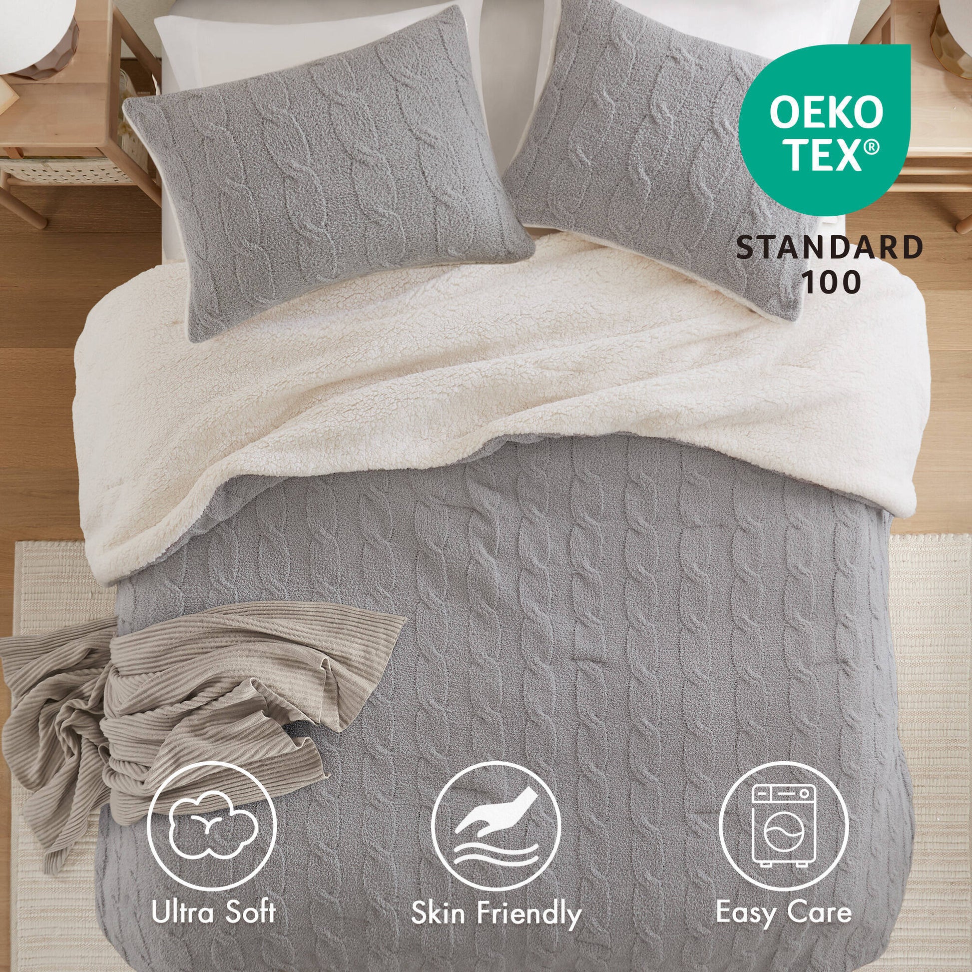 HouseOfZazla 3-Piece Gray Cable Knit Chenille Comforter Set on bed with matching pillows on Tampa Home & Garden Store