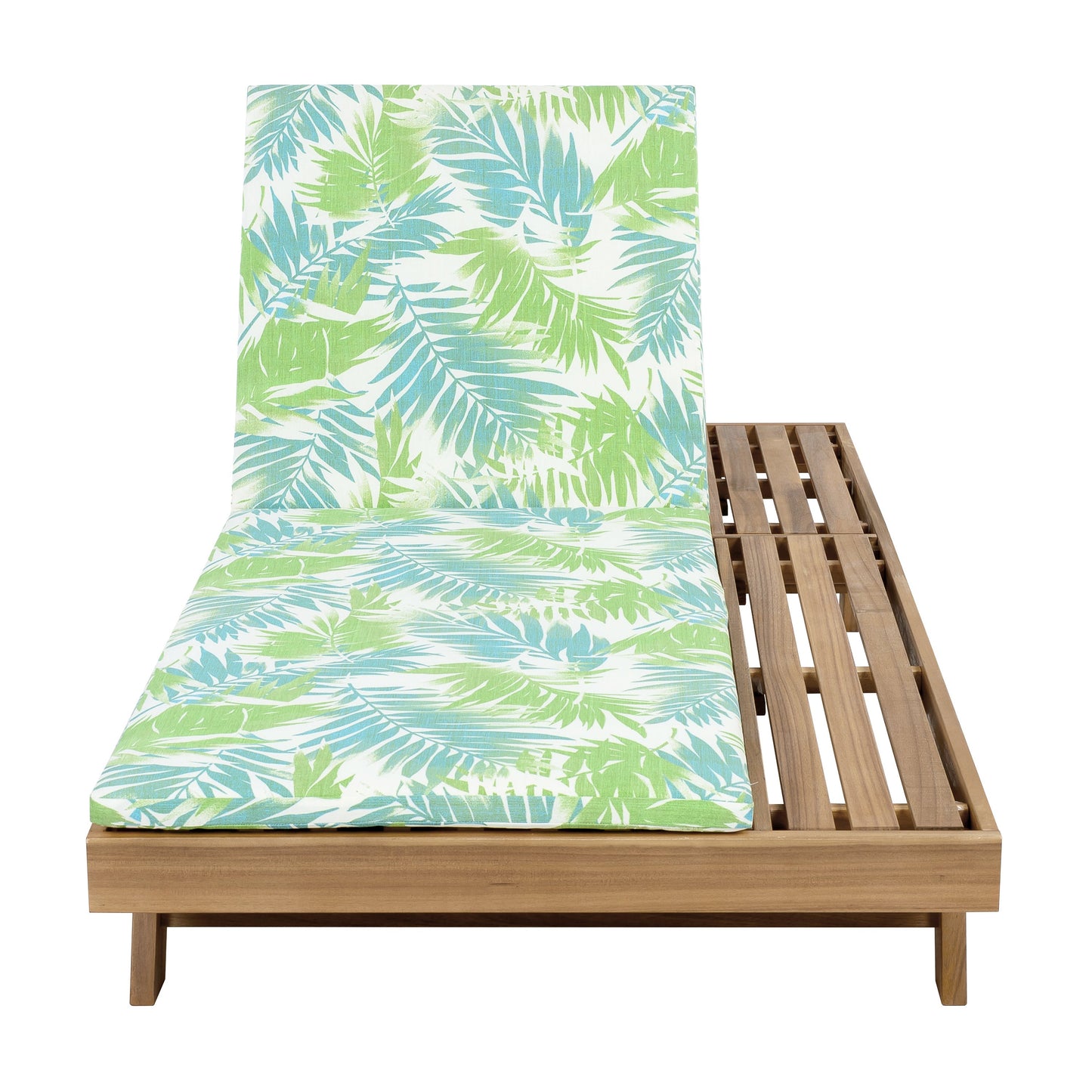 Outdoor chaise lounge with acacia wood frame and leaf coconut cushions, 2 inch thick on Tampa Home & Garden Store